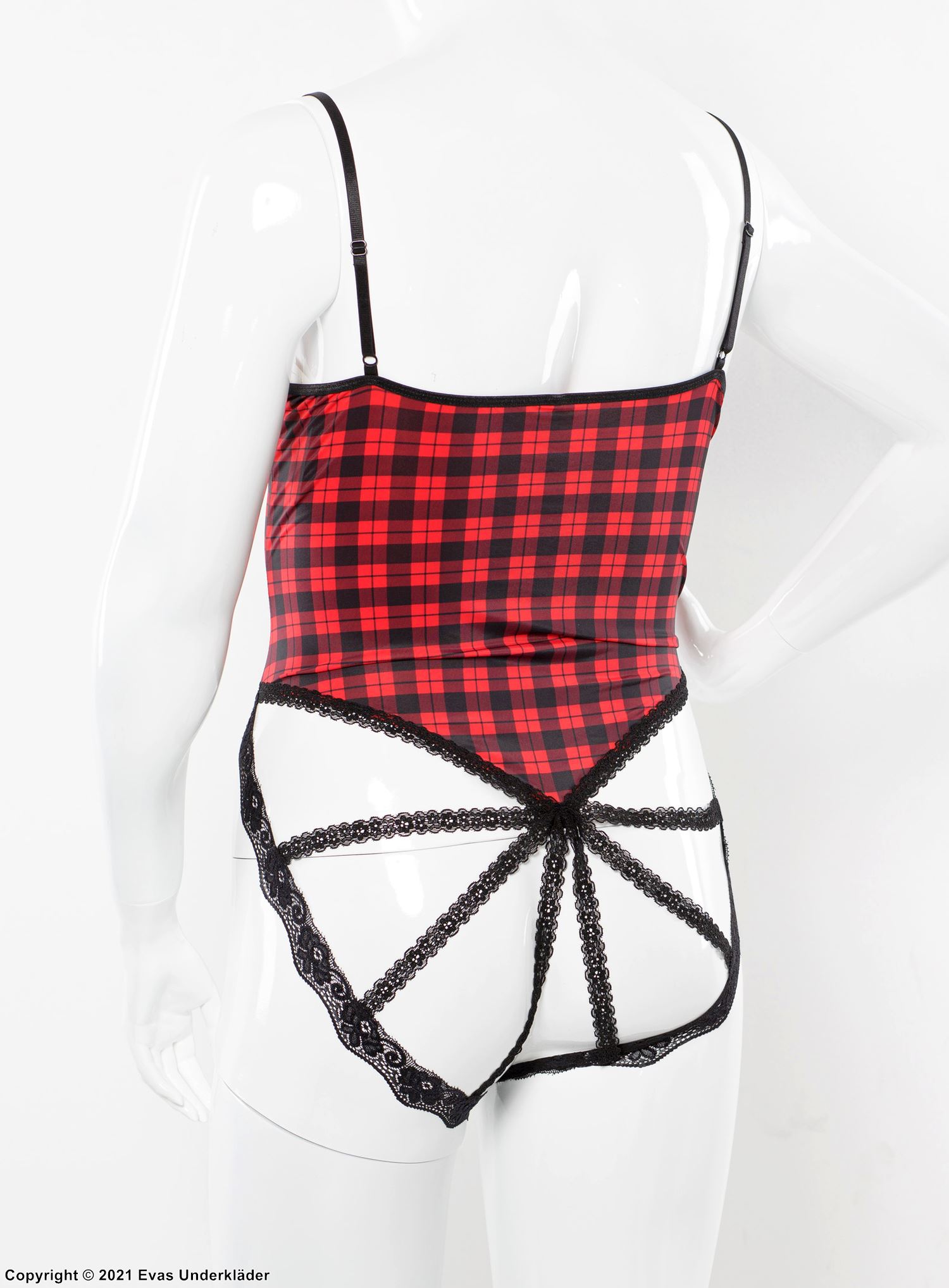 Romantic teddy, lace edge, deep neckline, cage back, scott-checkered pattern, plus size